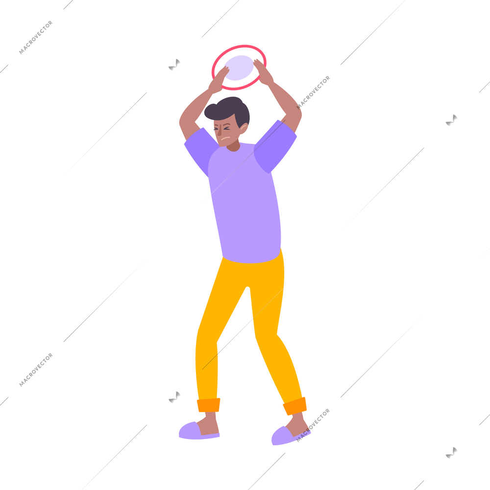 Flat icon with man trying to handle stress by breaking dish vector illustration
