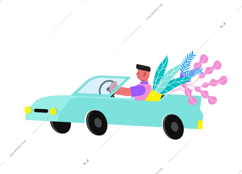 Floristry flat icon with courier carrying plants in car vector illustration