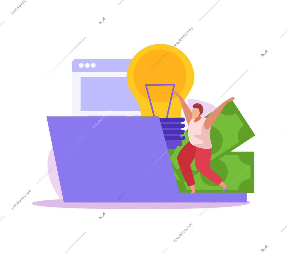 Crowdfunding flat icon with laptop banknotes and human character vector illustration