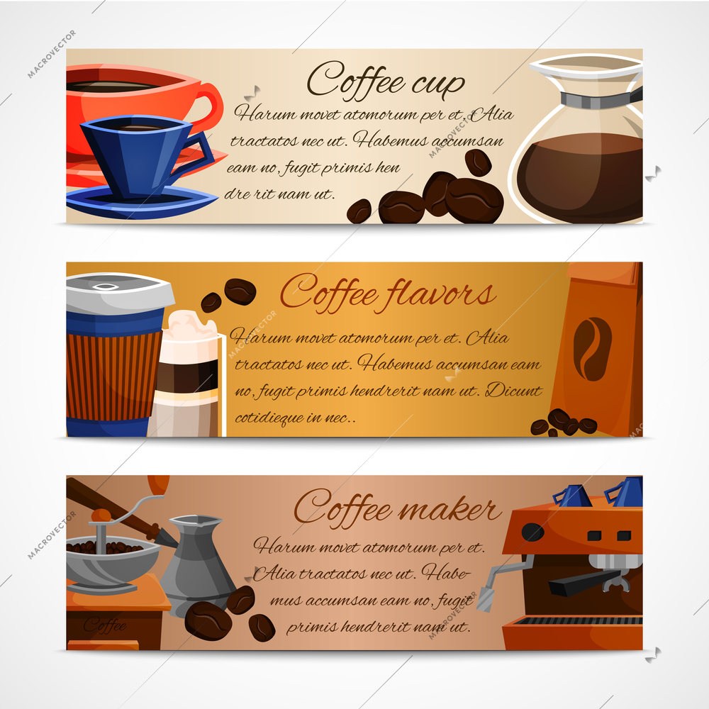 Coffee horizontal banner set with cup flavors maker isolated vector illustration