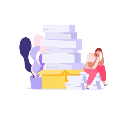 Paper work icon with exhausted man and piles of documents flat vector illustration