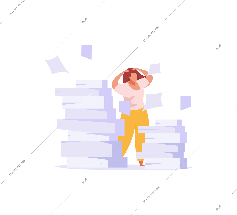 Woman tired from paper office work icon in flat style vector illustration