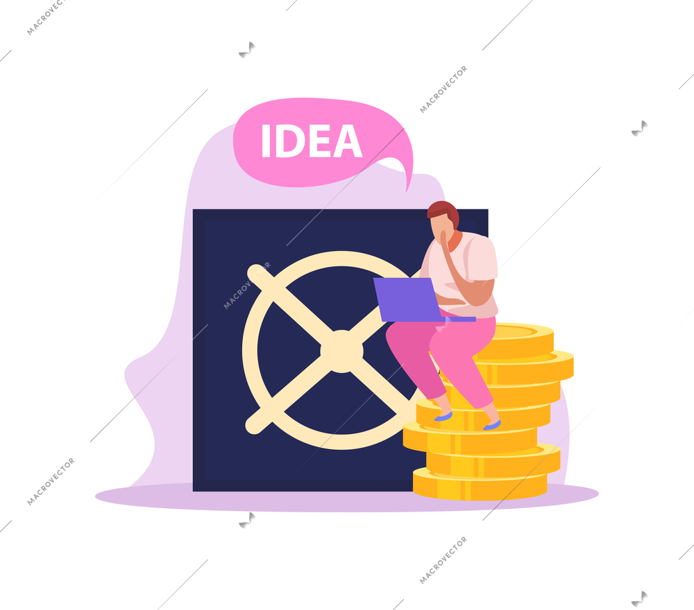 Crowdfunding flat icon with vault door and man sitting on stack of coins vector illustration