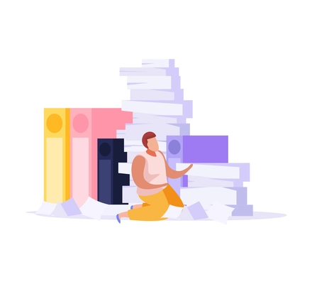 Male character tired from paper work flat icon vector illustration