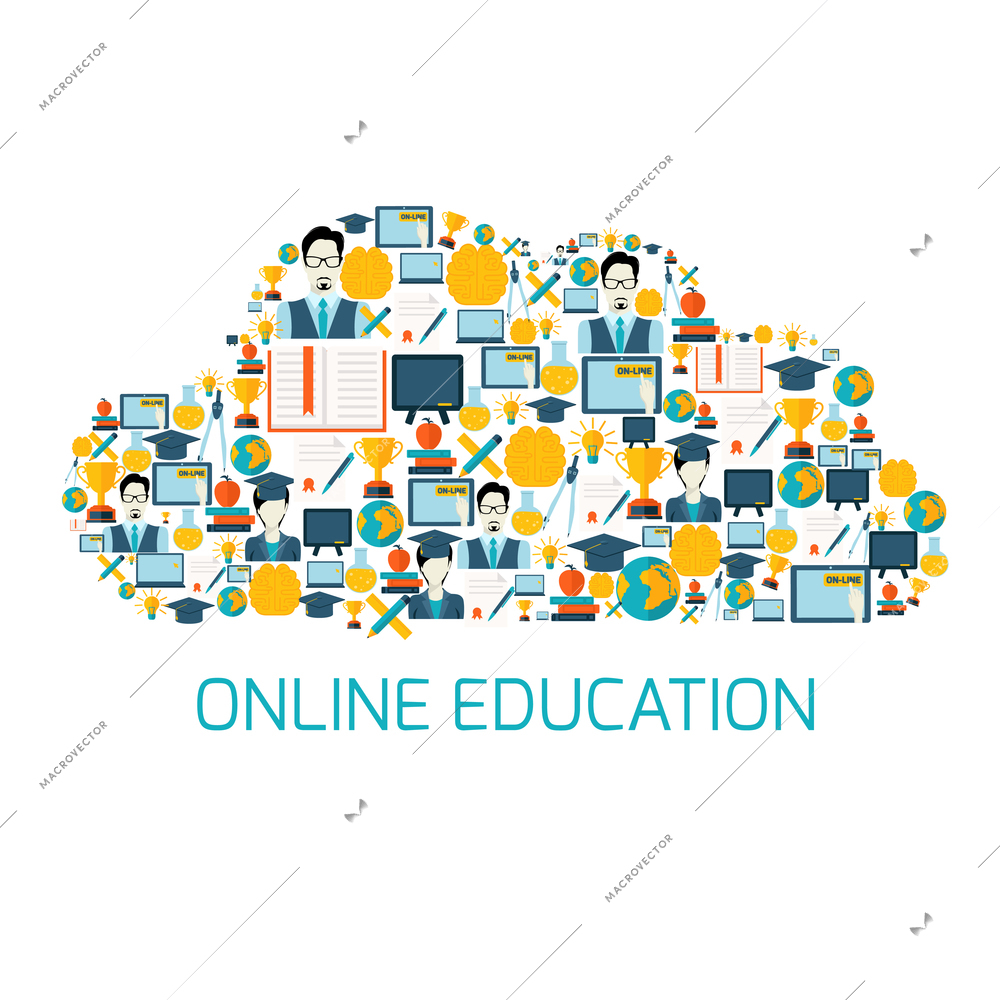 Online education school university e-learning graduation flat decorative icons set in cloud shape vector illustration