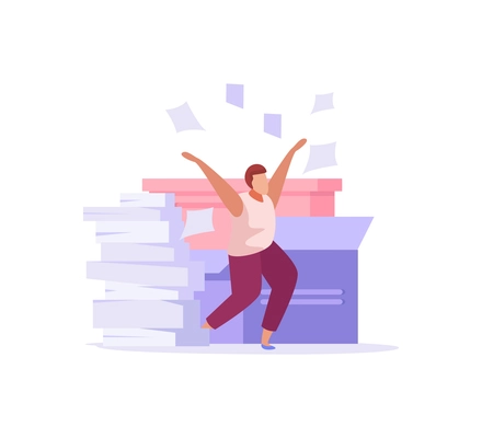 Flat office work icon with man and piles of paper vector illustration