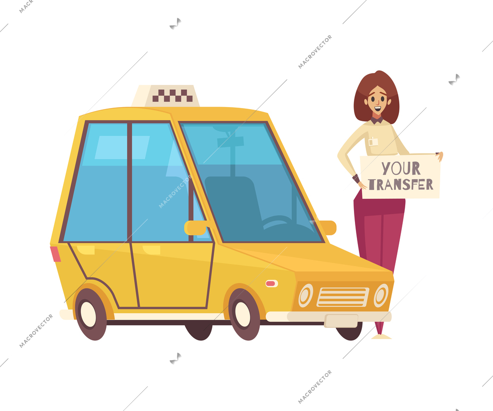 Travel hotel transfer cartoon icon with taxi and smiling woman vector illustration