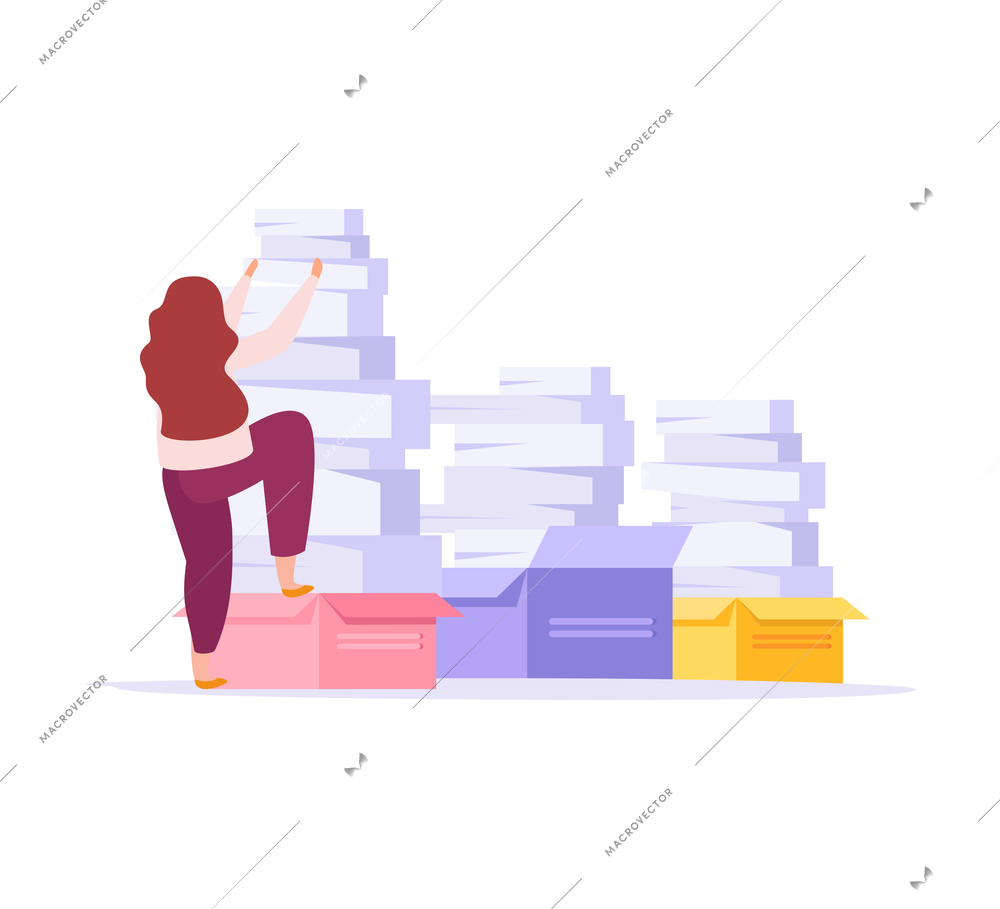 Flat icon with character tired from loads of paper work vector illustration
