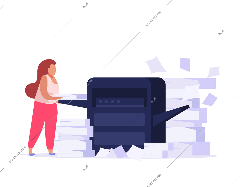 Flat icon with woman having lots of paper work vector illustration