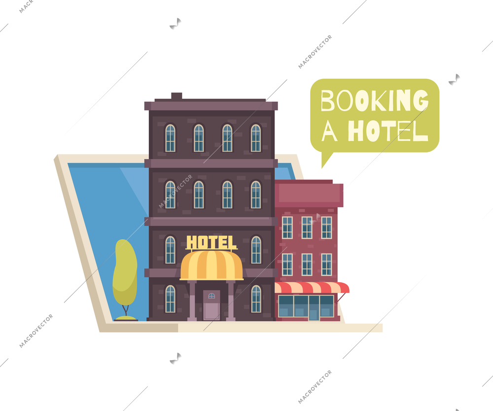 Booking hotel online cartoon icon with laptop and buildings vector illustration