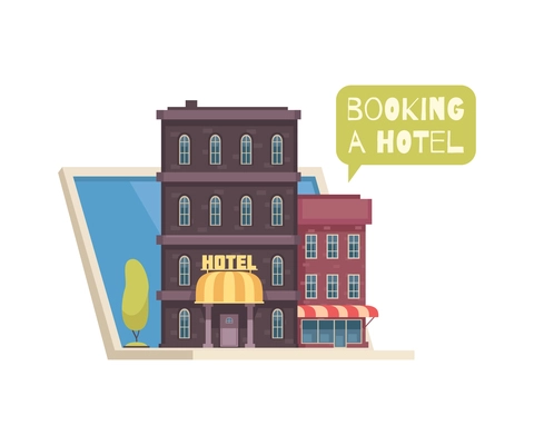 Booking hotel online cartoon icon with laptop and buildings vector illustration