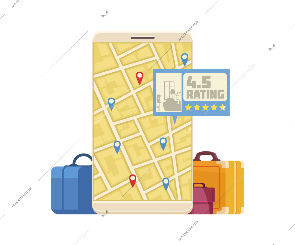 Booking online hotel reservation cartoon icon with smartphone and suitcases vector illustration