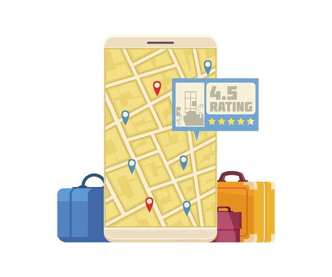 Booking online hotel reservation cartoon icon with smartphone and suitcases vector illustration