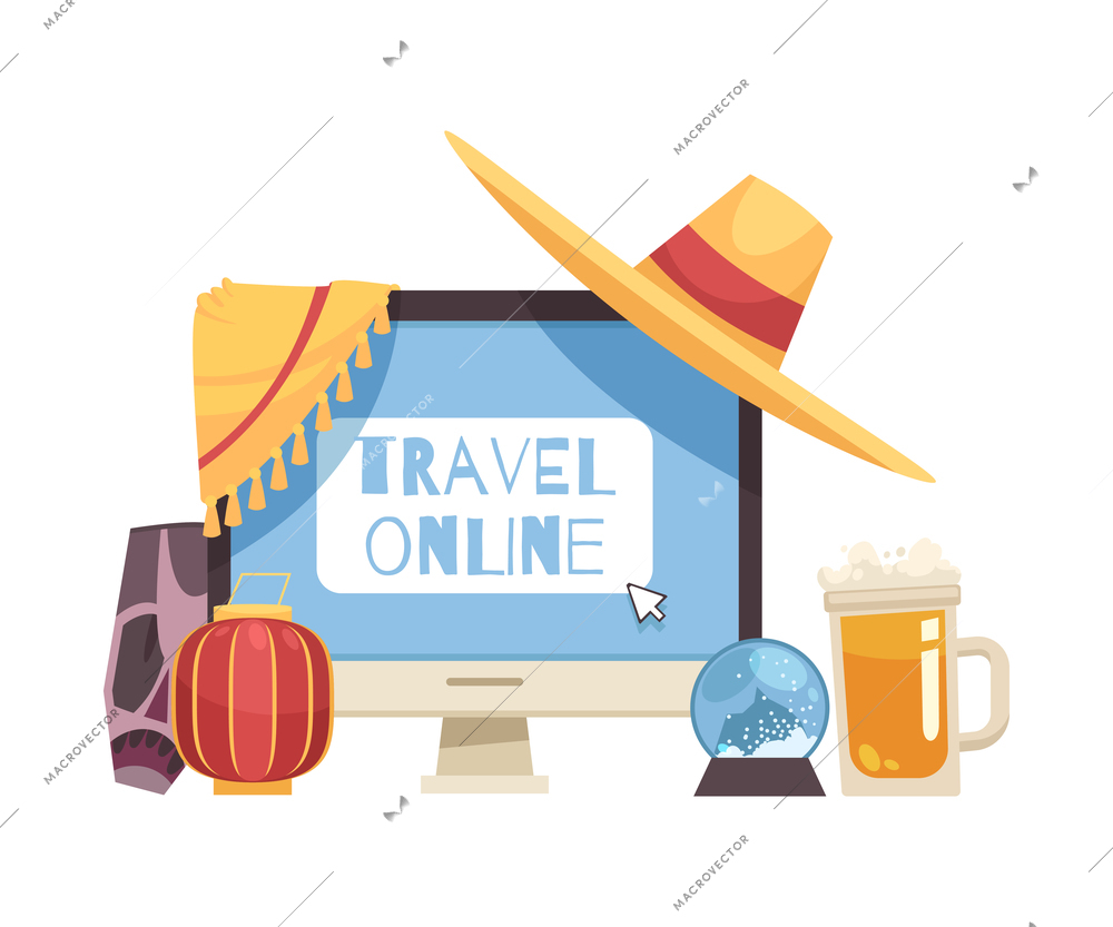 Travel booking online cartoon composition with computer monitor souvenirs and attributes from various countries vector illustration