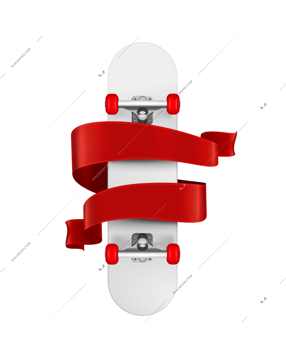 Realistic emblem with bottom view skateboard and red ribbon vector illustration