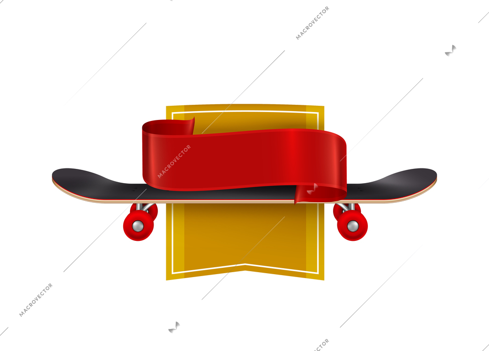 Skateboard realistic emblem decorated with red ribbon vector illustration