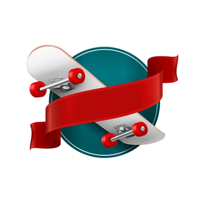 Realistic emblem with round shape red ribbon and skateboard vector illustration