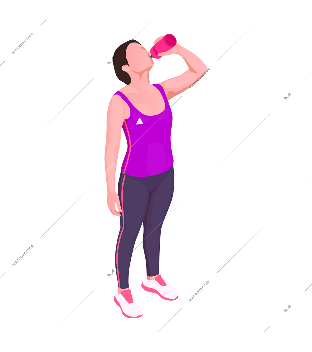 Female character of sportswoman drinking water from bottle isometric vector illustration