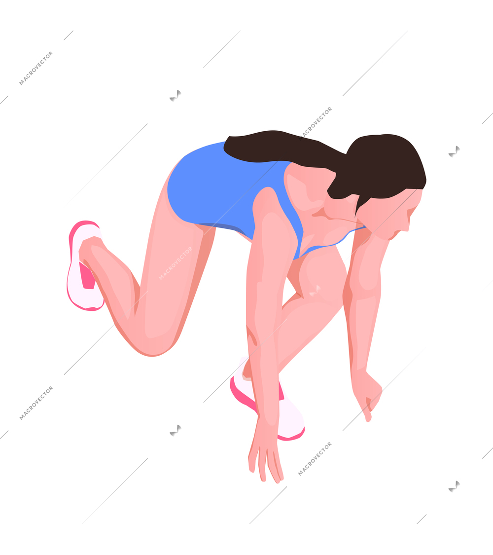 Isometric female character of runner preparing to run marathon 3d vector illustration