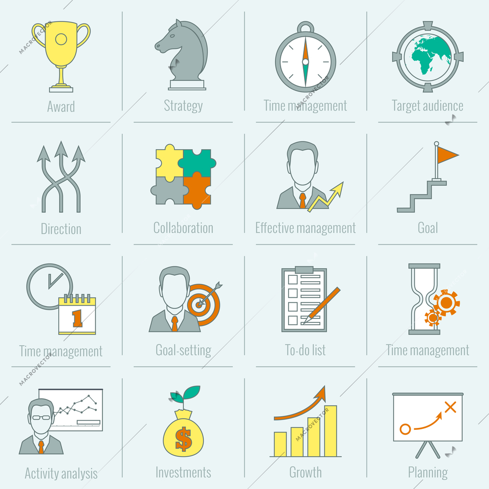 Business strategy planning icon flat line with award time management target audience isolated vector illustration