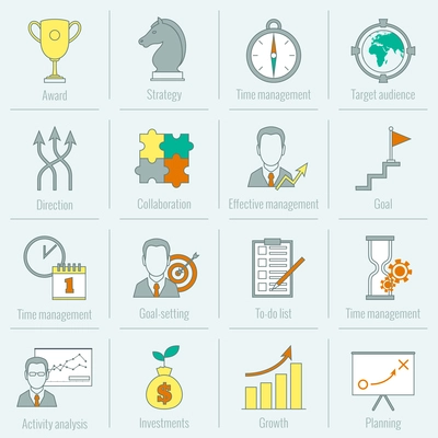 Business strategy planning icon flat line with award time management target audience isolated vector illustration