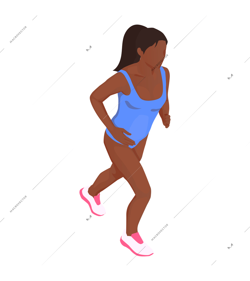 Isometric running dark skinned woman on white background 3d vector illustration