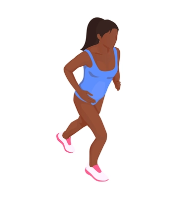 Isometric running dark skinned woman on white background 3d vector illustration