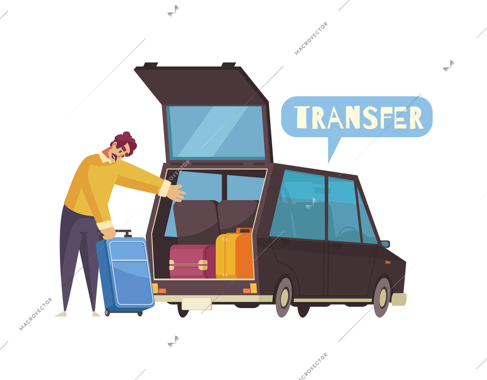 Travel hotel transfer cartoon icon with man putting luggage into car vector illustration