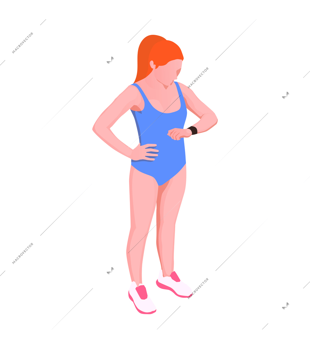 Isometric character of female runner on white background vector illustration