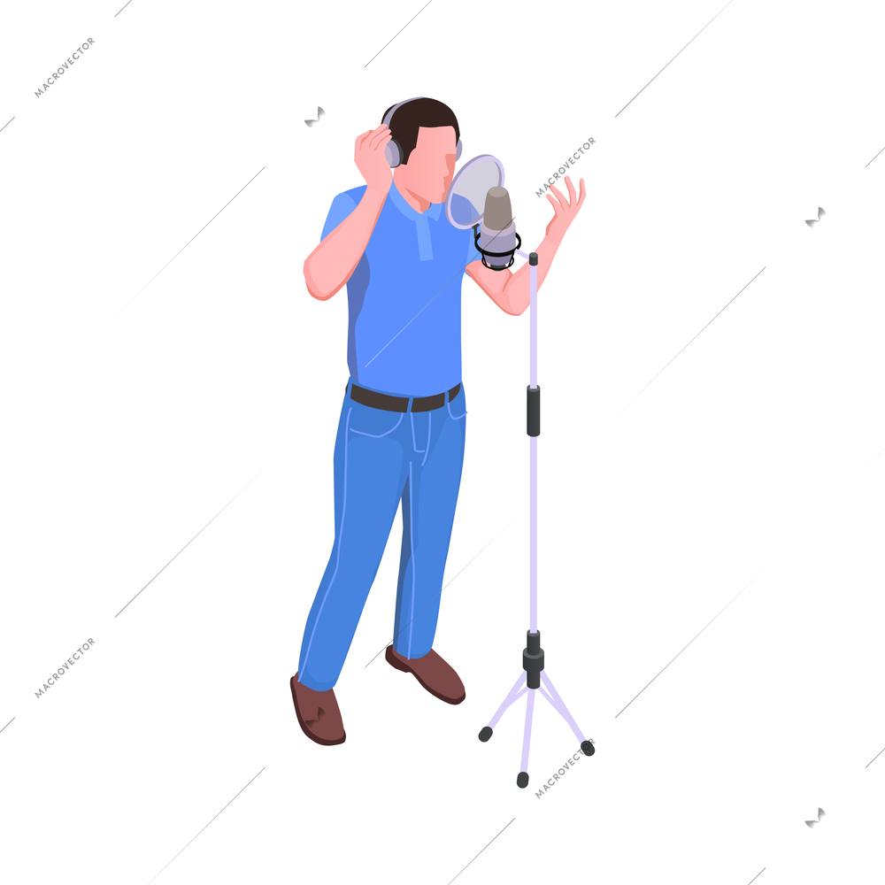 Male character recording song in professional studio 3d isometric vector illustration