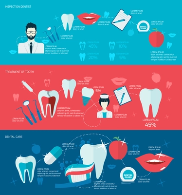 Teeth dental care mouth health banner set with inspection dentist treatment isolated vector illustration