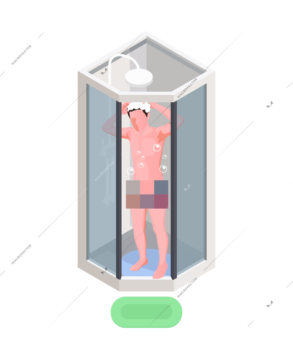 Hygiene isometric icon with man washing hair in shower unit 3d vector illustration