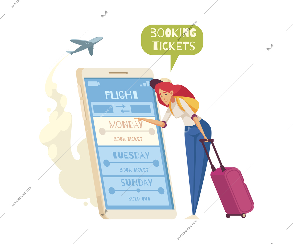 Cartoon composition with woman booking plane tickets on smartphone vector illustration