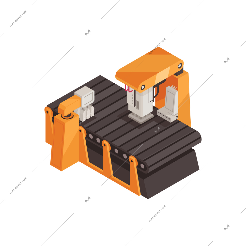 Automated industrial robotic assembly line isometric icon vector illustration