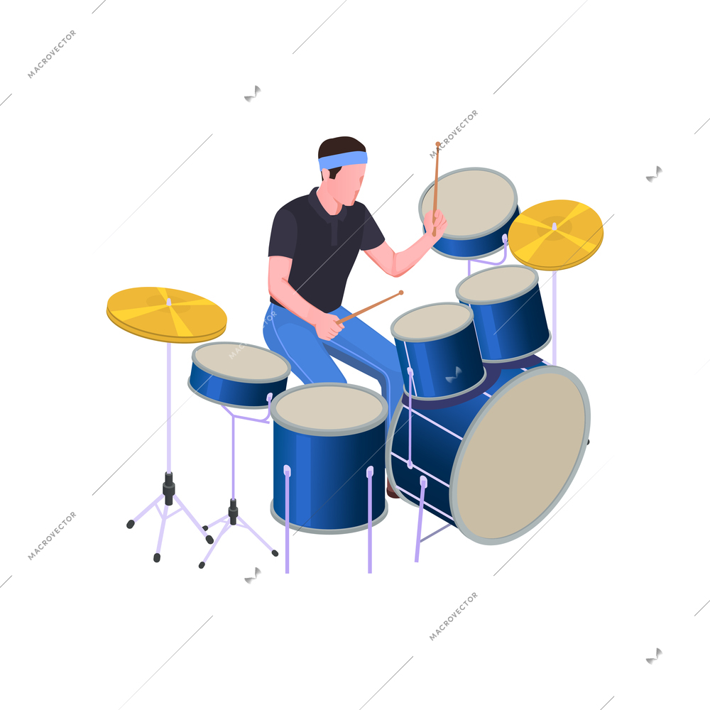 Isometric icon with male character playing drums 3d vector illustration