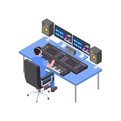 Isometric icon with music or radio studio and character of sound producer at work 3d vector illustration