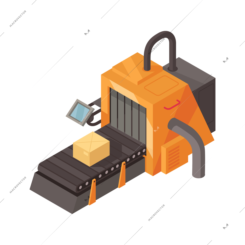 Isometric icon with cardboard box on factory assembly line 3d vector illustration