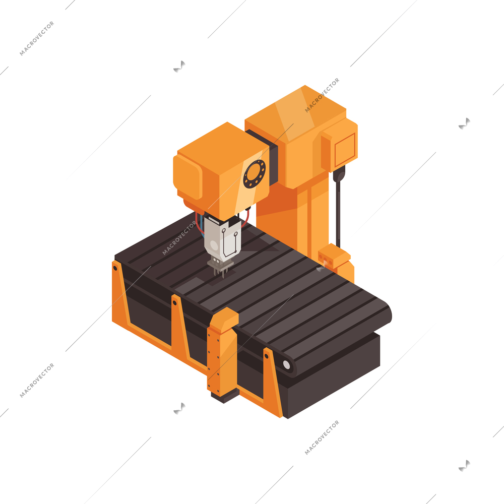 Isometric factory assembly line with remote controlled robot 3d vector illustration