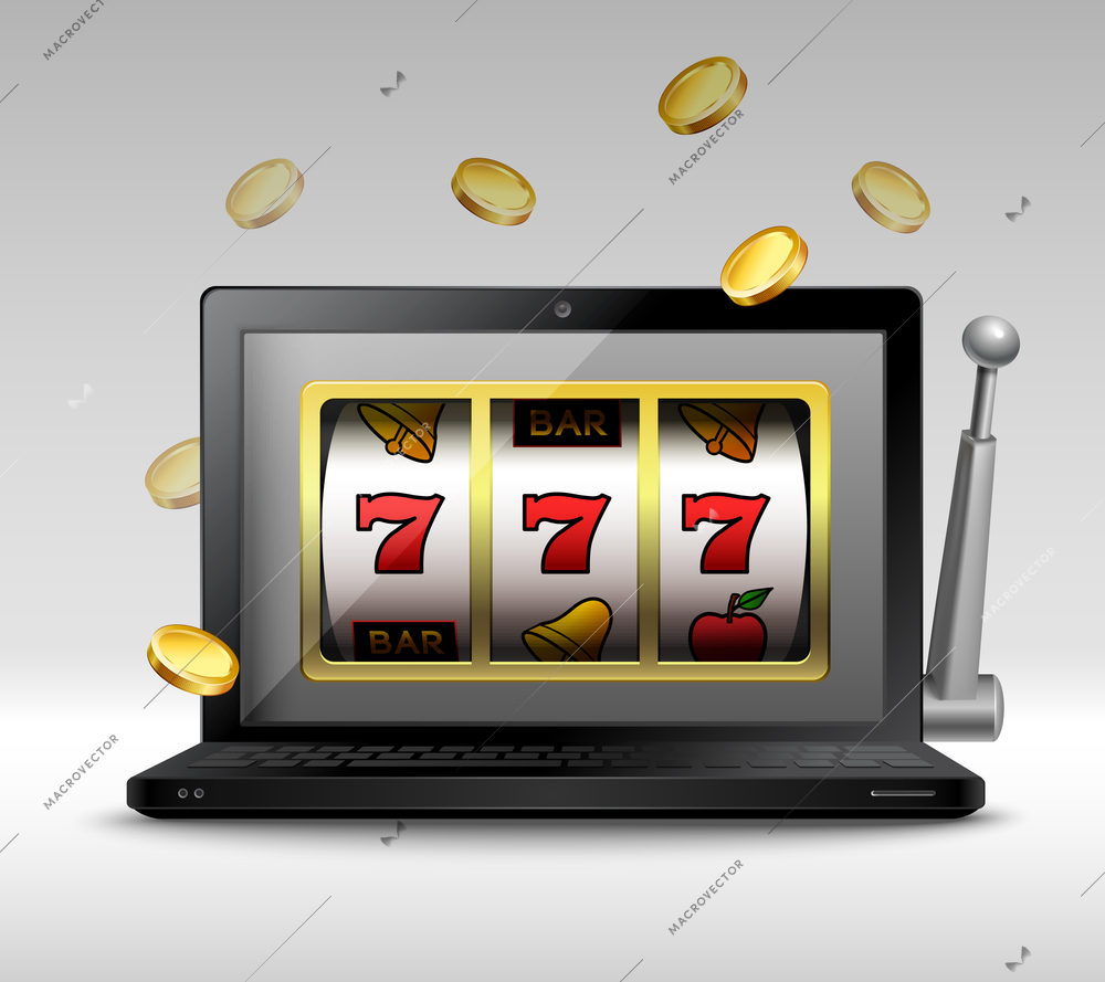 Online gambling concept with laptop and slot machine handle and coins vector illustration