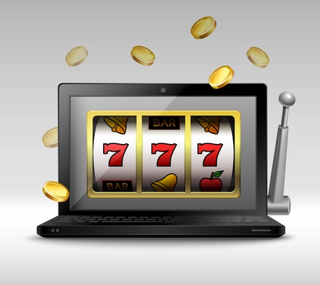 Online gambling concept with laptop and slot machine handle and coins vector illustration