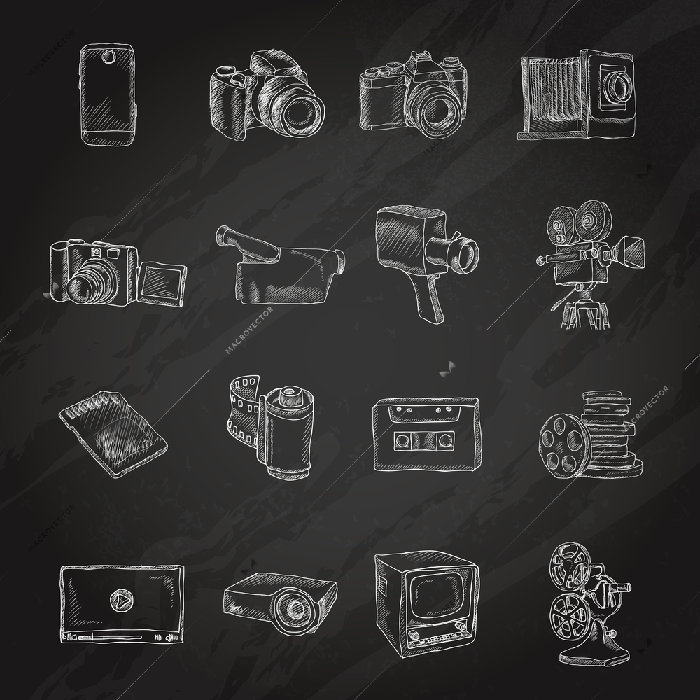 Photo video camera and multimedia entertainment technology chalkboard icons set isolated vector illustration