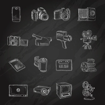 Photo video camera and multimedia entertainment technology chalkboard icons set isolated vector illustration