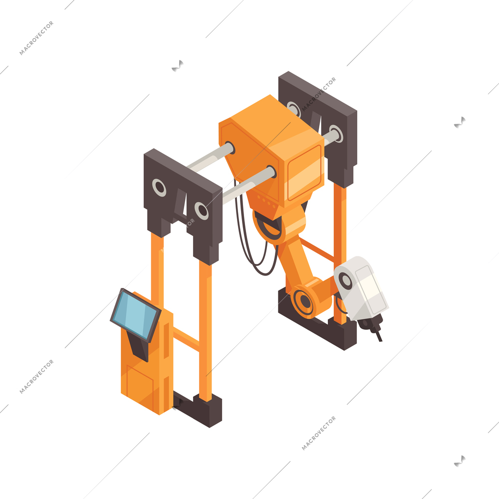 Automated machinery with robotic manipulator for modern factory isometric vector illustration