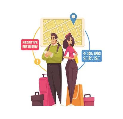 Travel booking service cartoon composition with two travelers vector illustration