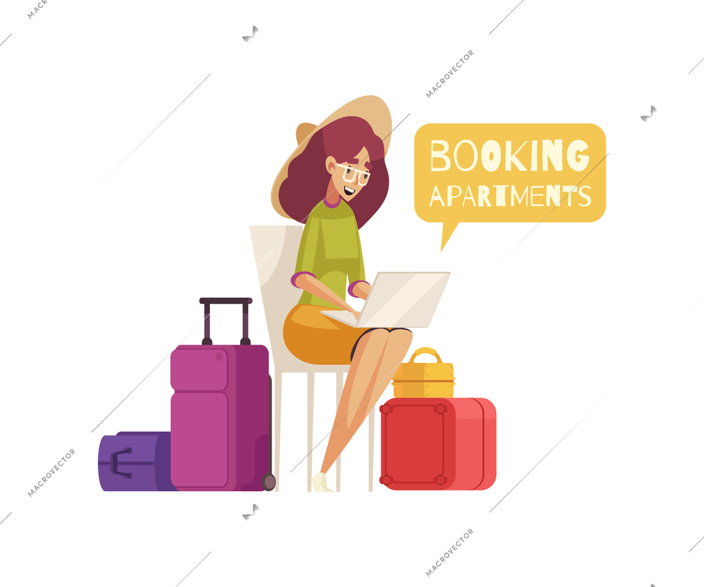 Travel cartoon composition with luggage and happy female character booking apartments vector illustration