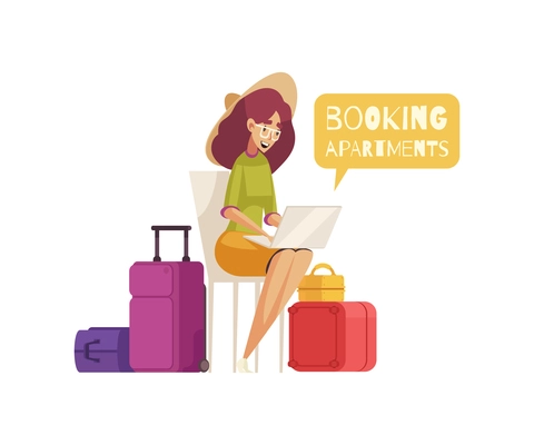 Travel cartoon composition with luggage and happy female character booking apartments vector illustration