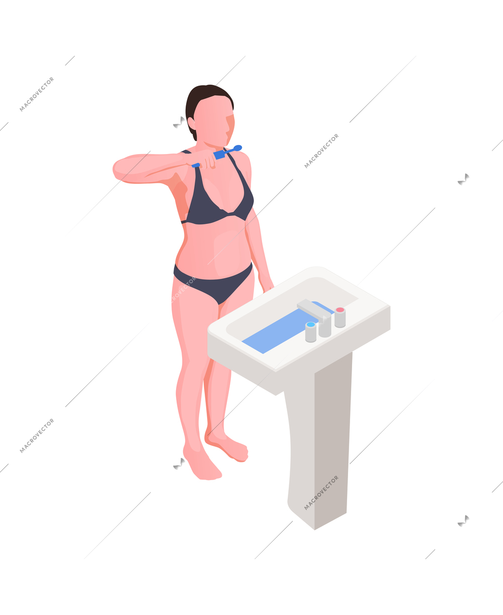 Isometric hygiene icon with woman cleaning teeth 3d vector illustration