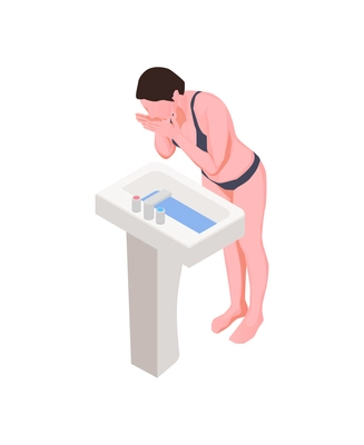 Hygiene isometric icon with woman washing face above sink 3d vector illustration