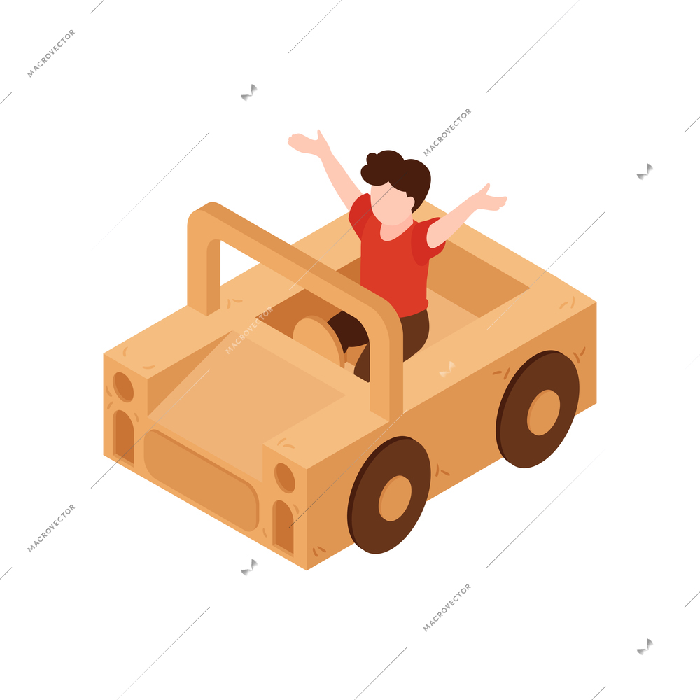 Happy boy driving cardboard car 3d isometric vector illustration