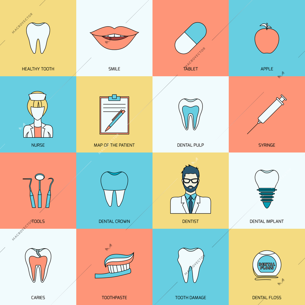 Teeth dental health flat icons set with smile tablet apple isolated vector illustration